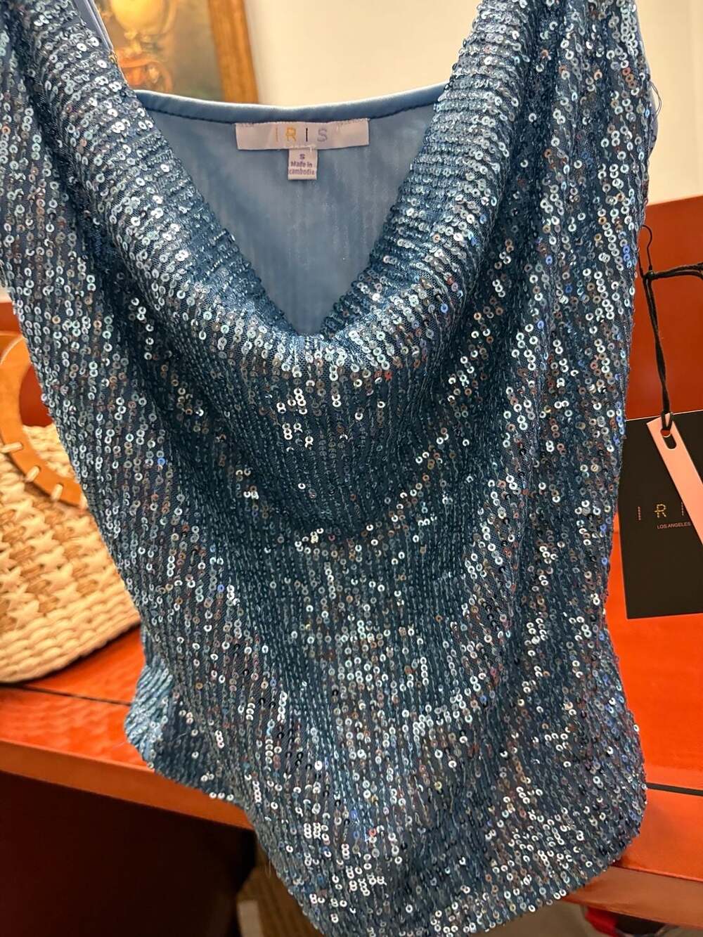 IRIS Los Angeles Blue Sequin Cowl Neck Sleeveless Tank Top
